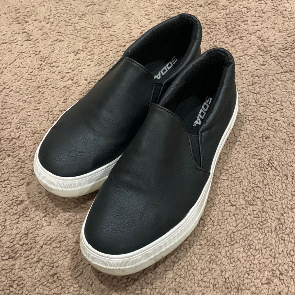 black faux leather slip one, size 8.5 SODA brand, worn a few times